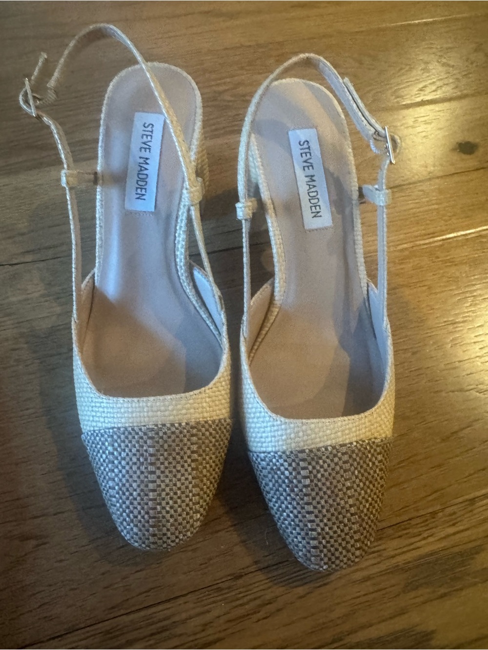 Steve Madden Two-Tone Woven Slingback Flats in Cream and Brown